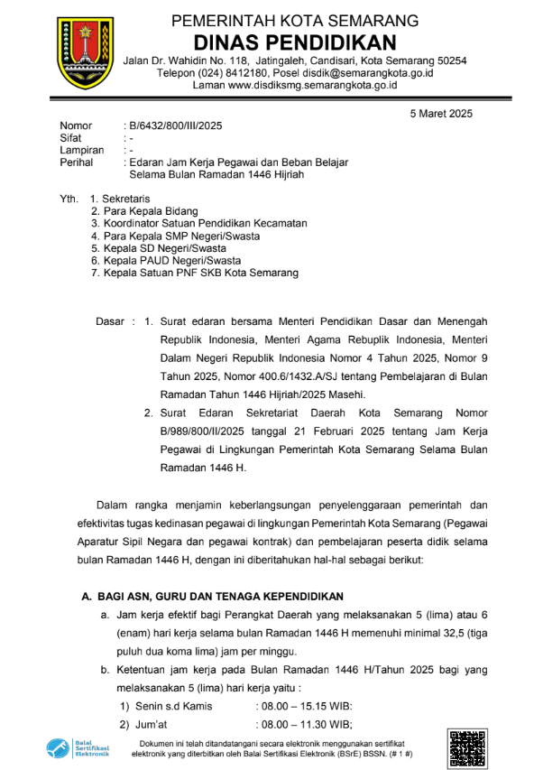 (Revisi) Edaran Jam Kerja Pegawai dan Beban Belajar Selama Bulan Ramadan 1446 Hijriah